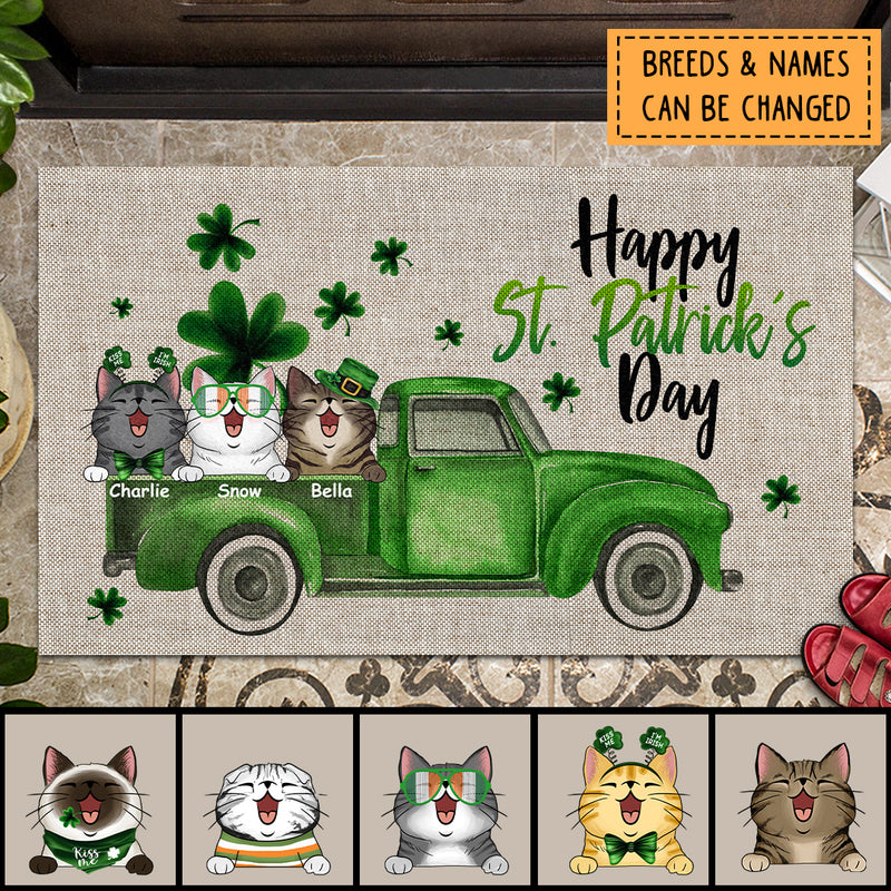 St. Patrick's Day Personalized Doormat, Gifts For Cat Lovers, Cats In Green Truck Front Door Mat