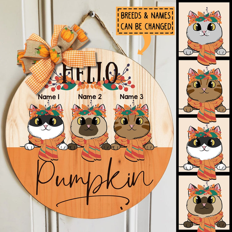 Pawzity Hello Pumpkin Welcome Door Signs, Fall Gifts For Cat Lovers, Autumn Custom Wooden Signs , Cat Mom Gifts