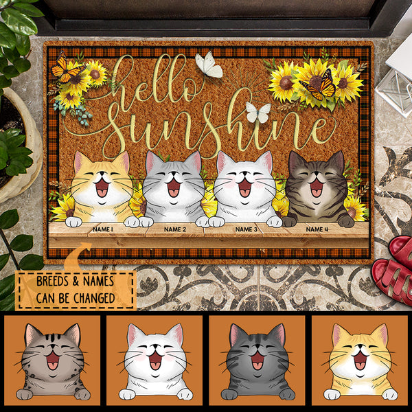 Pawzity Personalized Doormat, Gifts For Cat Lovers, Hello Sunshine Sunflowers And Butterflies Outdoor Door Mat