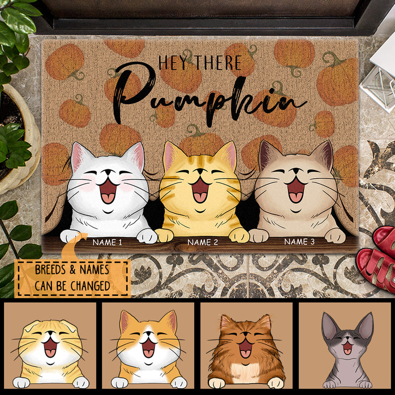 Fall Custom Doormat, Gifts For Cat Lovers, Hey There Pumpkin Cat Peeking From Curtain Holiday Doormat