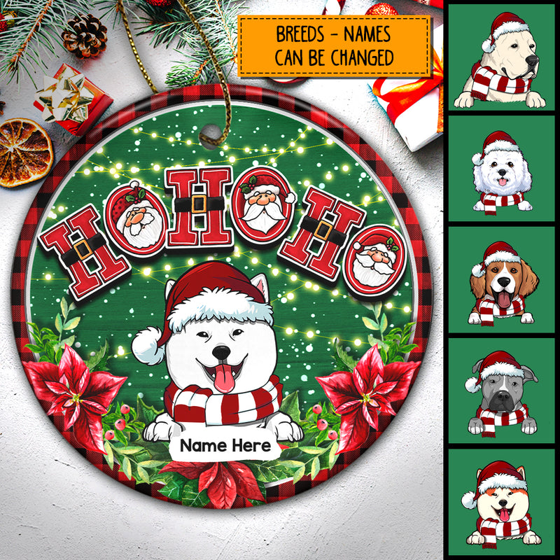 Ho Ho Ho Red Plaid Around Green Circle Ceramic Ornament - Personalized Dog Lovers Decorative Christmas Ornament