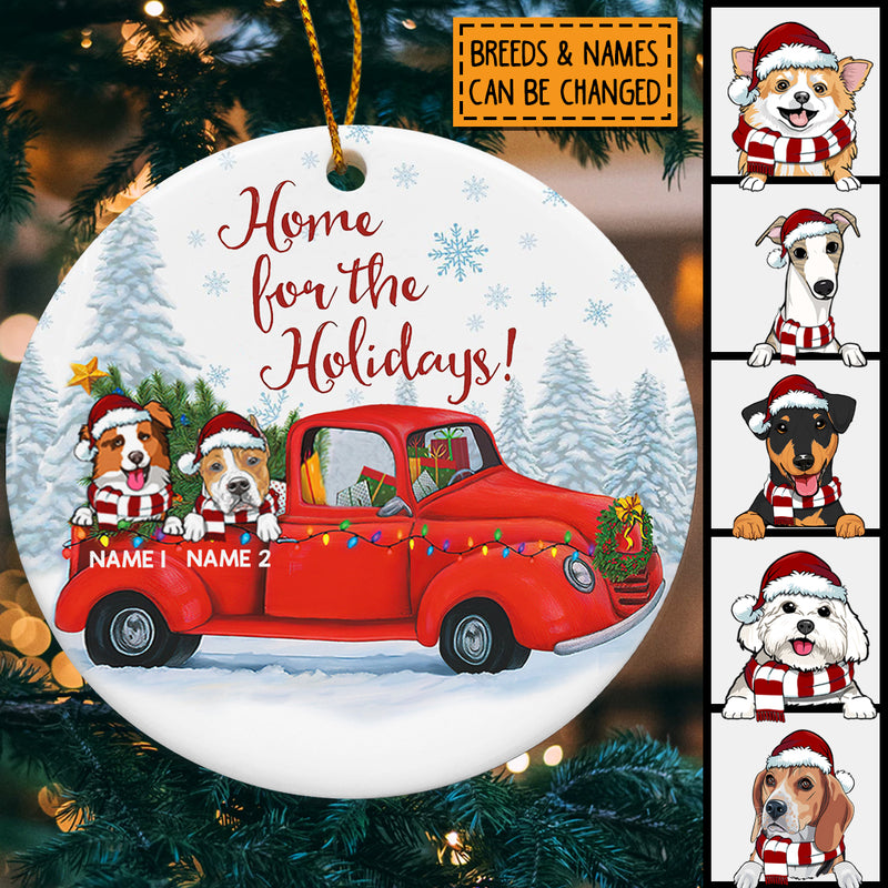 Home For The Holidays Red Truck Circle Ceramic Ornament - Personalized Dog Lovers Decorative Christmas Ornament