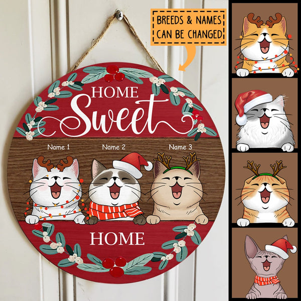 Christmas Home Sweet Home Signs, Gifts For Cat Lovers, Brown & Red Background Welcome Door Sign , Cat Mom Gifts