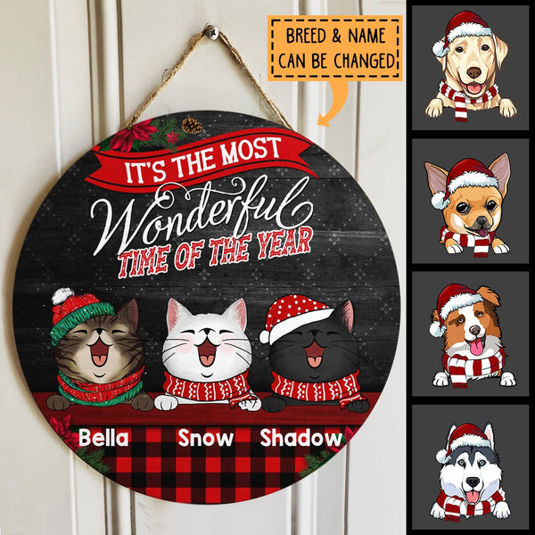 Christmas Door Decorations, Gifts For Cat Lovers, It's The Most Wonderful Time Of The Year Black Red Plaid Door Sign , Cat Mom Gifts