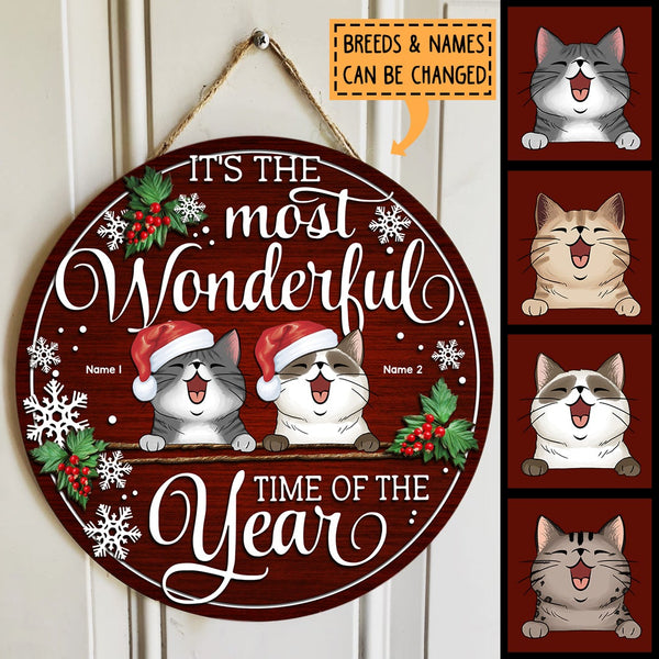 Christmas Door Decorations, Gifts For Cat Lovers, It's The Most Wonderful Time Of The Year Burgundy Background Welcome Door Signs , Cat Mom Gifts