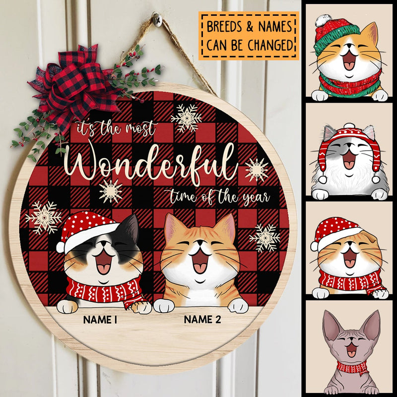 Christmas Door Decorations, Gifts For Cat Lovers, It's The Most Wonderful Time Of The Year Red Plaid Welcome Door Signs , Cat Mom Gifts