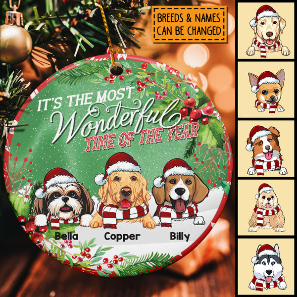 Personalised Most Wonderful Time Custom Color V2 Circle Ceramic Ornament - Personalized Dog Lovers Christmas Ornament