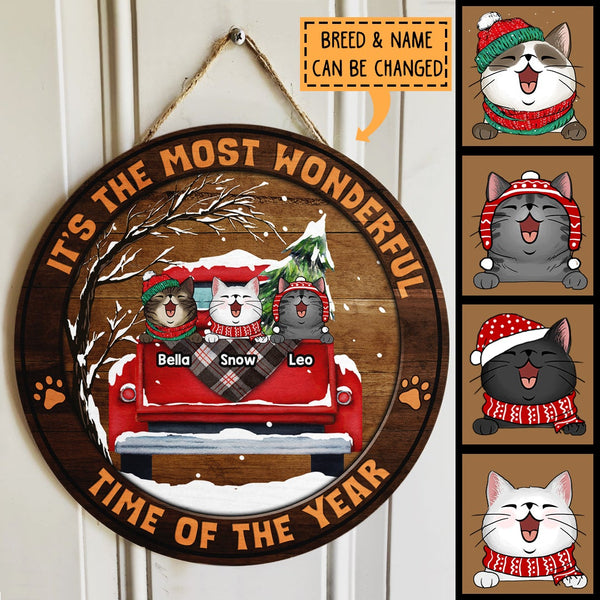 It's The Most Wonderful Time Of The Year - Dark Old Wooden - Red Truck - Personalized Cat Christmas Door Sign , Cat Mom Gifts