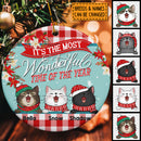 Most Wonderful Time Of The Year Red Plaid Circle Ceramic Ornament - Personalized Cat Decorative Christmas Ornament
