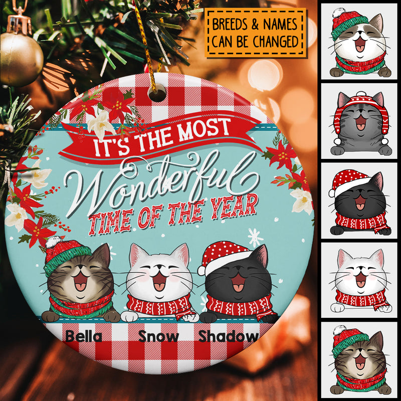 Most Wonderful Time Of The Year Red Plaid Circle Ceramic Ornament - Personalized Cat Decorative Christmas Ornament