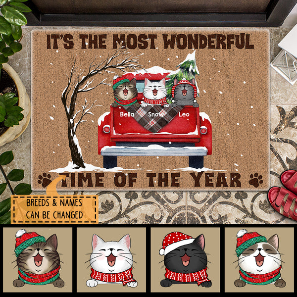 Christmas Custom Doormat, Gifts For Cat Lovers, It's The Most Wonderful Time Of The Year Red Truck Snow Holiday Doormat