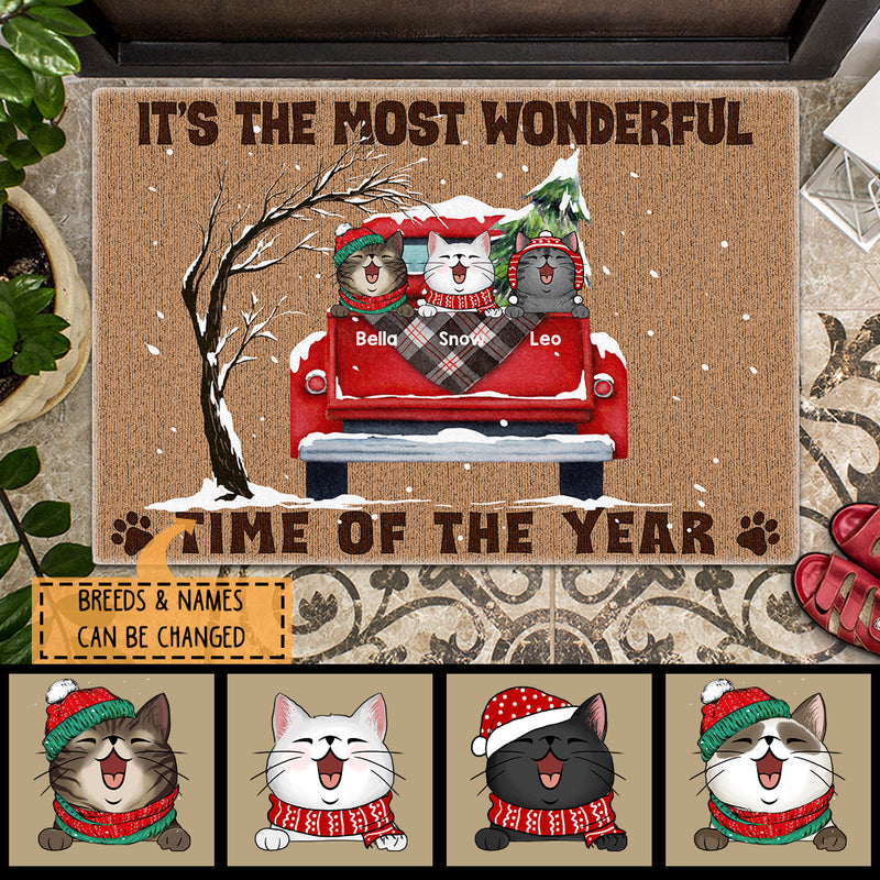 Christmas Custom Doormat, Gifts For Cat Lovers, It's The Most Wonderful Time Of The Year Red Truck Snow Holiday Doormat