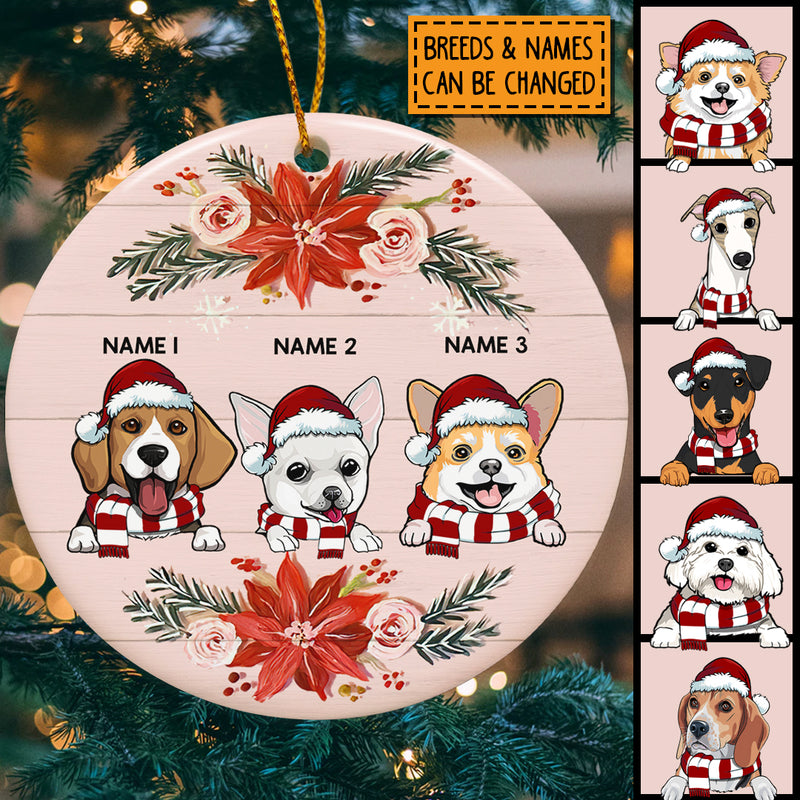 Personalised Xmas Dogs On Pink Wooden Circle Ceramic Ornament - Personalized Dog Lovers Decorative Christmas Ornament