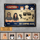 Pawzity Warning Metal Camping Signs, Gifts For Cat Lovers, Caution Are Camping Again Personalized Camping Signs