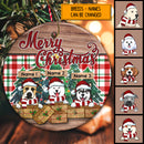 Merry Christmas Red Green Plaid & Wooden Circle Ceramic Ornament - Personalized Dog Lovers Decorative Christmas Ornament