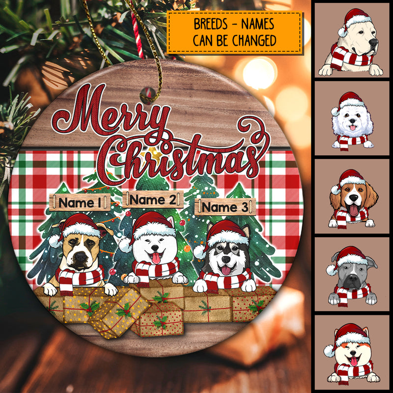 Merry Christmas Red Green Plaid & Wooden Circle Ceramic Ornament - Personalized Dog Lovers Decorative Christmas Ornament