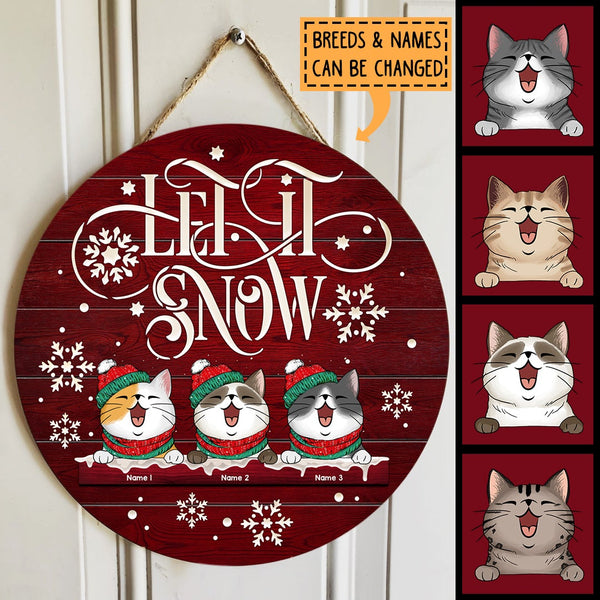 Christmas Door Decorations, Gifts For Cat Lovers, Let It Snow White Snowflake & Red Background Welcome Door Signs , Cat Mom Gifts