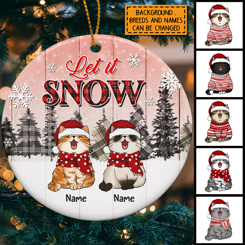 Let It Snow Plaid Tree Pink Wooden Circle Ceramic Ornament - Personalized Cat Lovers Decorative Christmas Ornament