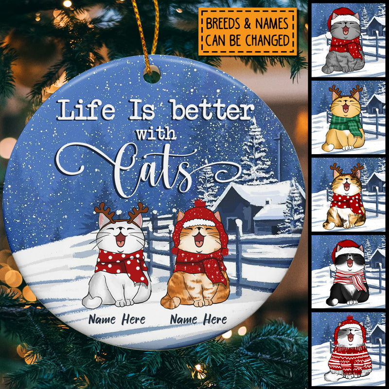 Life Is Better With Cats Starry Blue Sky Circle Ceramic Ornament - Personalized Cat Lovers Decorative Christmas Ornament