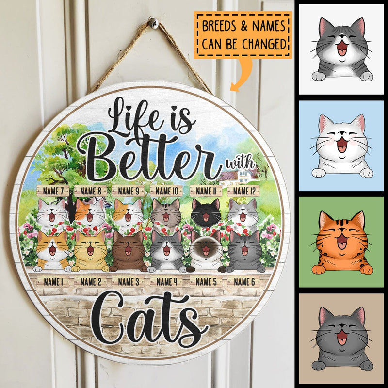 Pawzity Custom Wood Signs, Gifts For Cat Lovers, Life Is Better With Cats, Flowers Garden Personalized Wood Sign , Cat Mom Gifts