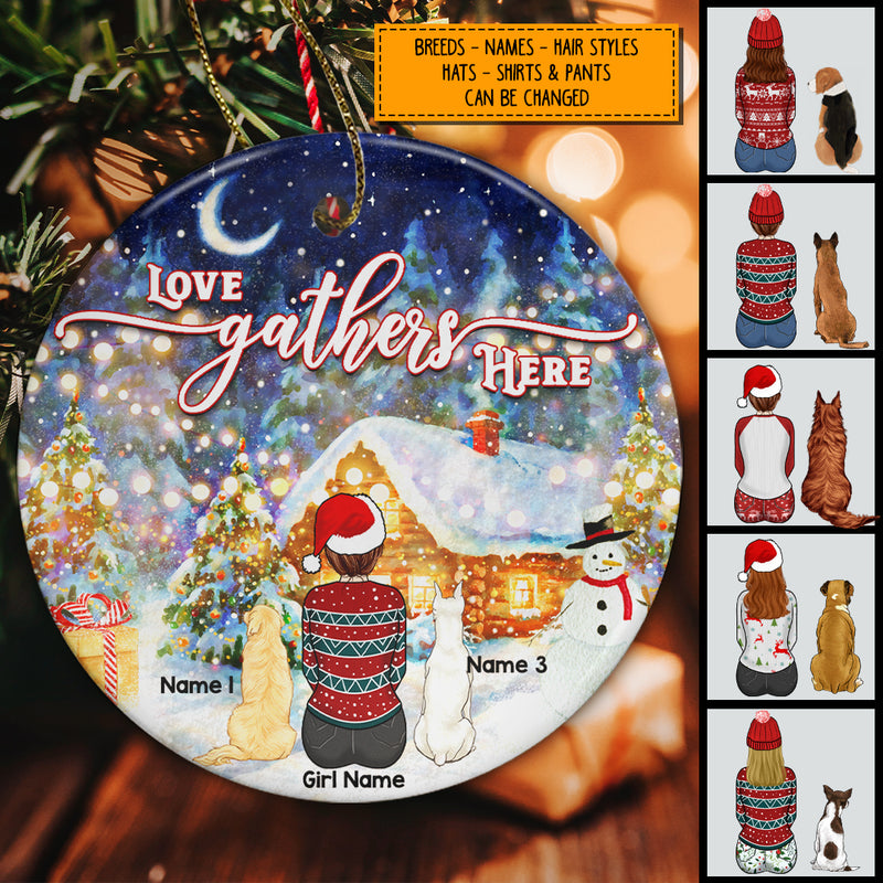 Love Gathers Here Sparke Light Night Circle Ceramic Ornament - Personalized Dog Lovers Decorative Christmas Ornament
