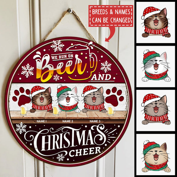 Christmas Door Decorations, Gifts For Cat Lovers, We Run On Beer And Christmas Cheer, Black & Red Welcome Door Signs , Cat Mom Gifts