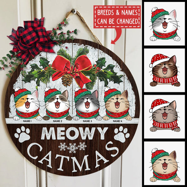 Christmas Cat Welcome Door Sign, Gift For Cat Lovers, Meowy Catmas Funny Signs, Vintage White & Brown , Cat Mom Gifts