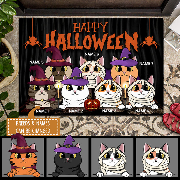Halloween Custom Doormat, Gifts For Cat Lovers, Happy Halloween Purple Smoking Pumpkins Holiday Doormat