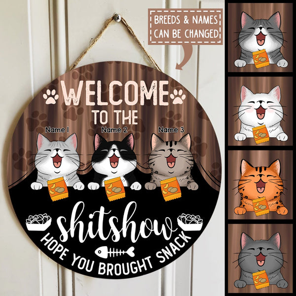 Pawzity Welcome To The Shitshow Hope You Brought Snack Funny Signs, Gifts For Cat Lovers, Cats Under Curtain , Cat Mom Gifts