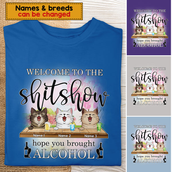 Welcome To Shitshow, Hope You Brought Alcohol, Pink Flowers And Pink Tree Background, Personalized Cat Lovers T-shirt
