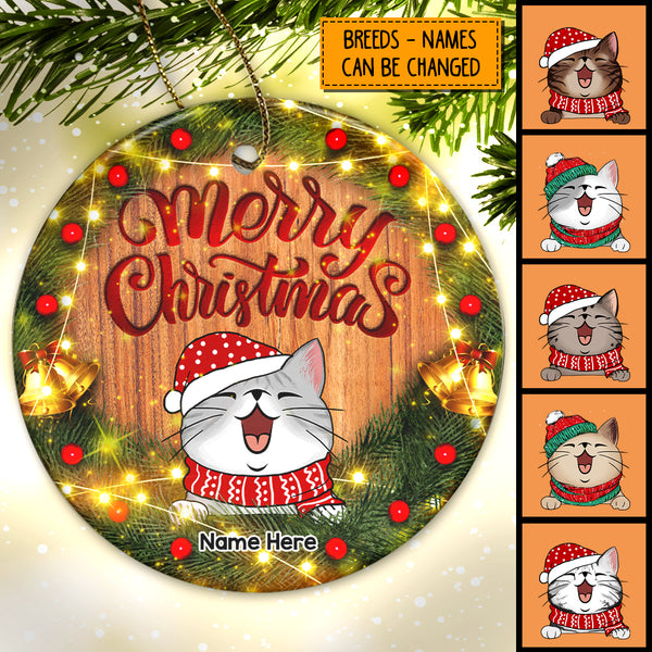 Merry Christmas Wreath With Warm Light Circle Ceramic Ornament - Personalized Cat Lovers Decorative Christmas Ornament