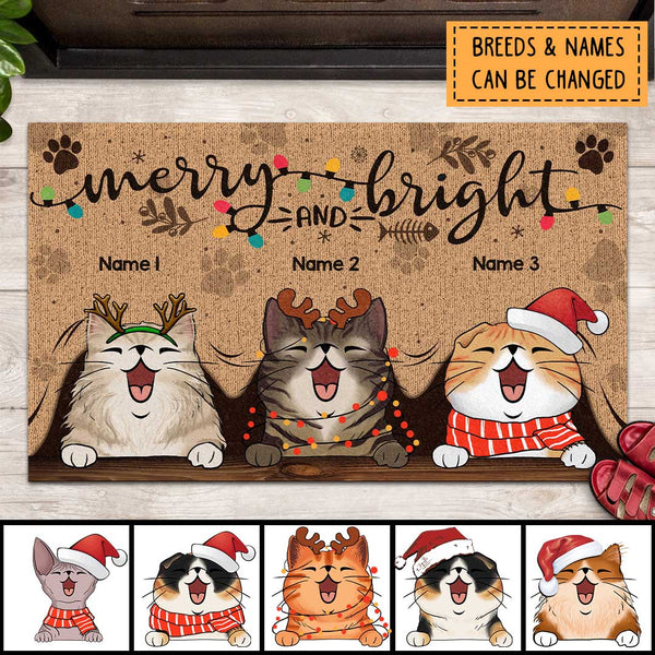 Christmas Personalized Doormat, Gifts For Cat Lovers, Merry And Bright Cat Peeking From Curtain Front Door Mat