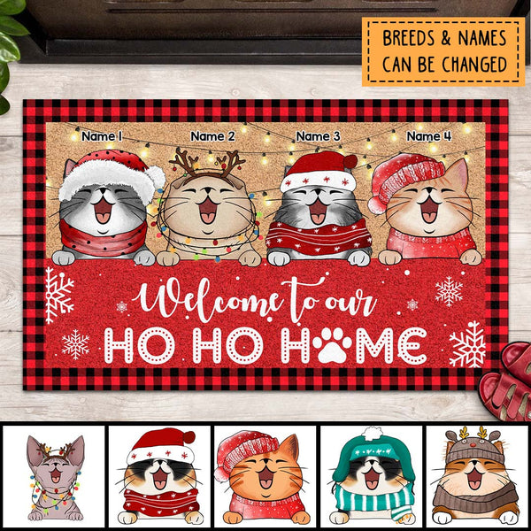 Christmas Front Door Mat, Gifts For Cat Lovers, Welcome To Our Ho Ho Home Personalized Doormat