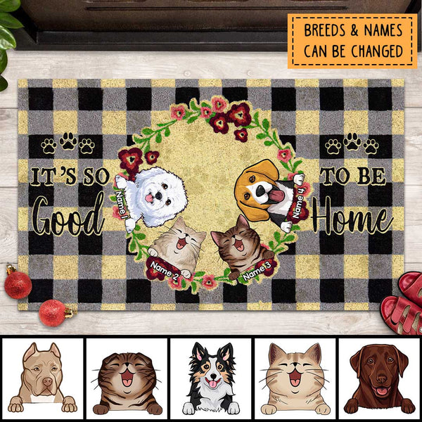 Pawzity Personalized Doormat, Gifts For Pet Lovers, It's So Good To Be Home Buffalo Plaid Front Door Mat