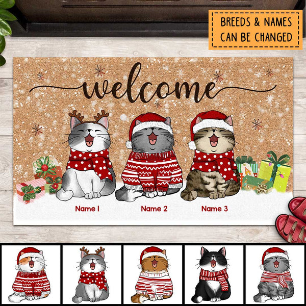 Christmas Front Door Mat, Gifts For Cat Lovers, Welcome Cats & Xmas Gifts Personalized Doormat