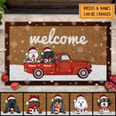 Christmas Welcome Mat, Gifts For Dog Lovers, Xmas Dogs On The Red Truck Personalized Doormat