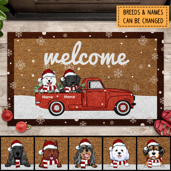 Christmas Welcome Mat, Gifts For Dog Lovers, Xmas Dogs On The Red Truck Personalized Doormat