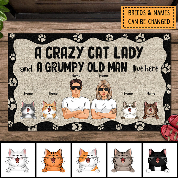 Pawzity Personalized Doormat, Gifts For Cat Lovers, A Crazy Cat Lady And A Grumpy Old Man Live Here Front Door Mat