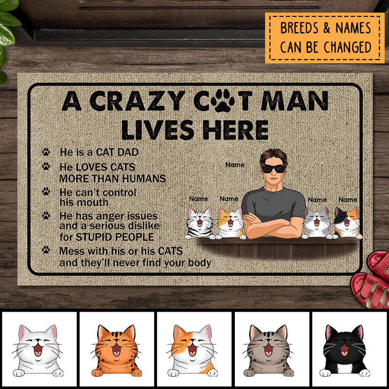 Pawzity Personalized Doormat, Gifts For Cat Lovers, A Crazy Cat Man Lives Here Outdoor Door Mat