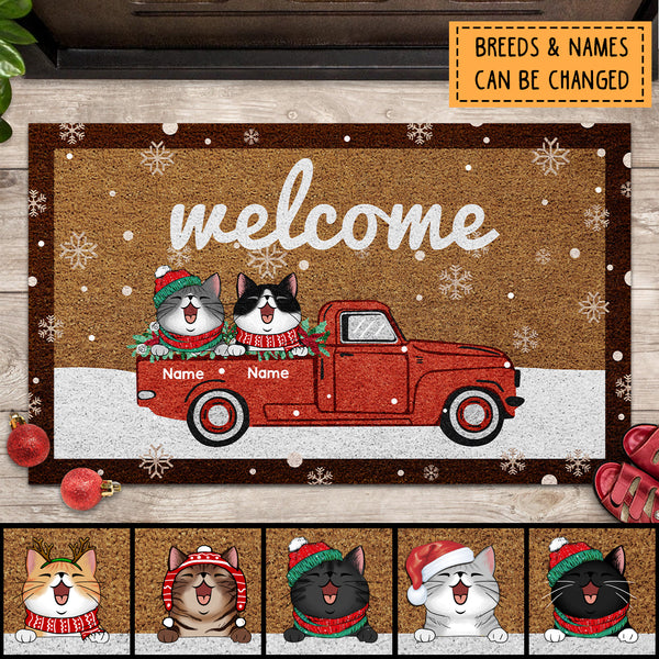Christmas Welcome Mat, Gifts For Cat Lovers, Xmas Cats On The Red Truck Personalized Doormat