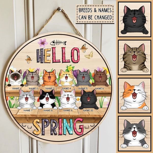 Pawzity Custom Wooden Signs, Gifts For Cat Lovers, Hello Spring Floral Background Welcome Door Signs , Cat Mom Gifts