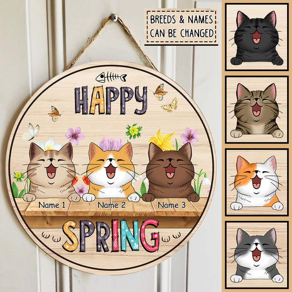 Pawzity Custom Wooden Signs, Gifts For Cat Lovers, Happy Spring Floral Background Welcome Door Signs , Cat Mom Gifts