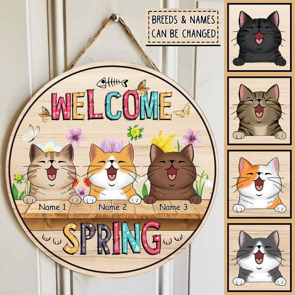 Custom Wooden Signs, Gifts For Cat Lovers, Spring Floral Background Welcome Door Signs, Housewarming Gifts