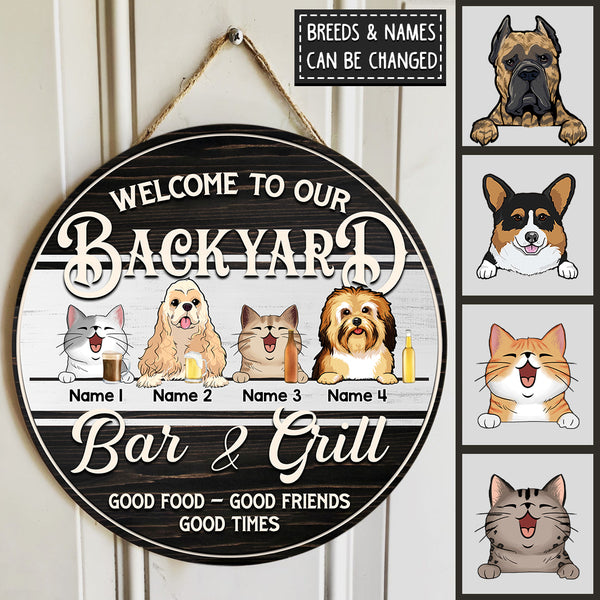 Pawzity Welcome To Our Backyard Bar & Grill Sign, Gifts For Pet Lovers, Dog & Cat Custom Wooden Signs
