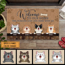 Pawzity Welcome To Our Home Personalized Doormat, Gifts For Cat Lovers, Brown Front Door Mat