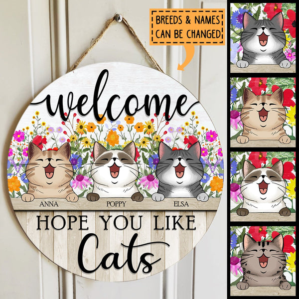 Pawzity Welcome Door Signs, Wild Flowers Custom Wooden Signs, Hope You Like Cats , Cat Mom Gifts