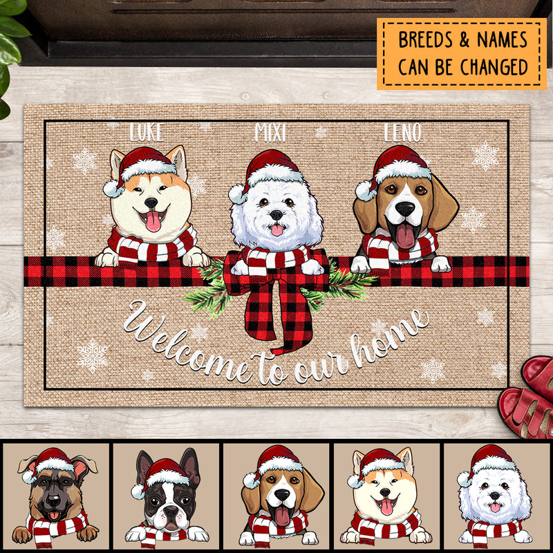 Christmas Welcome To Our Home Personalized Doormat, Gifts For Dog Lovers, Dogs In Plaid Bow Tie Front Door Mat