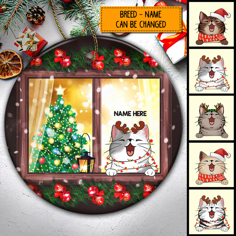Cat Peeking From Xmas Window Circle Ceramic Ornament - Personalized Cat Lovers Decorative Christmas Ornament