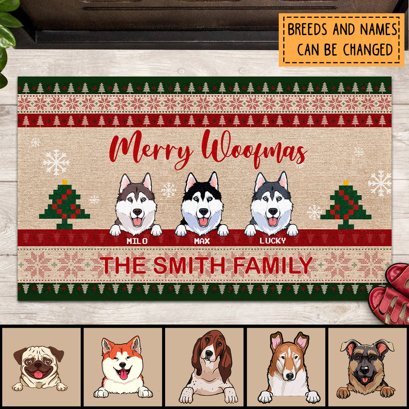 Christmas Personalized Doormat, Gifts For Dog Lovers, Merry Woofmas Xmas Pattern Front Door Mat