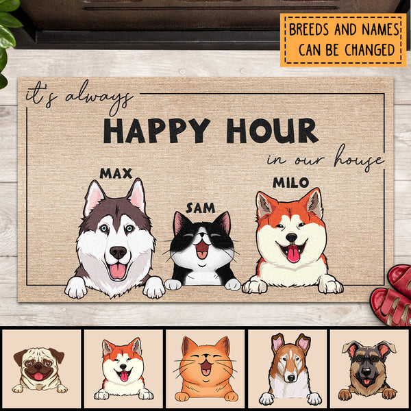 Pawzity Personalized Doormat, Gifts For Pet Lovers, It's Always Happy Hour In Our House Outdoor Door Mat